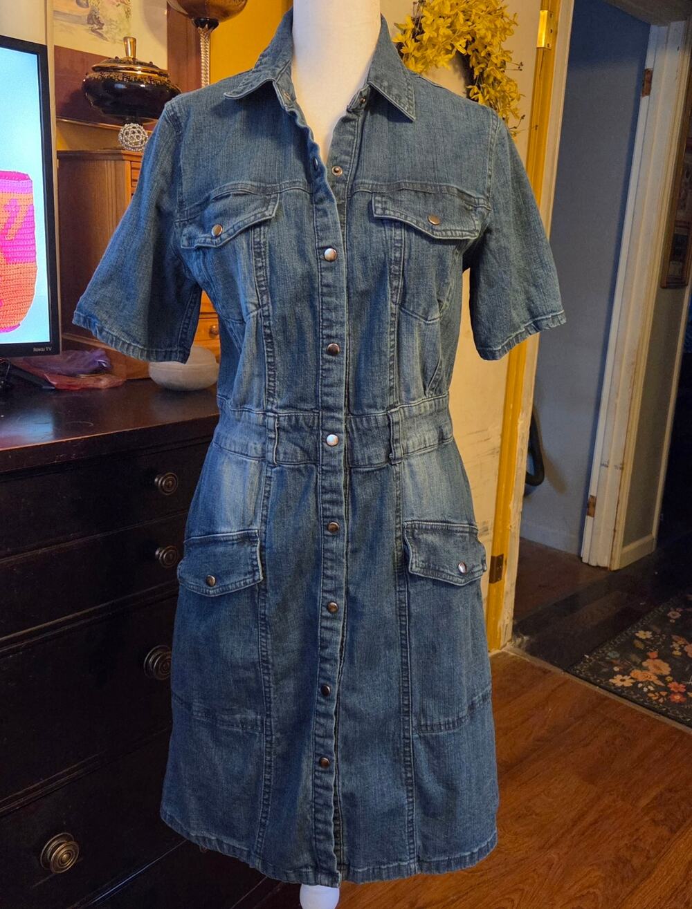 Hope & Harlow Distressed Denim Shirt Dress Snap Front